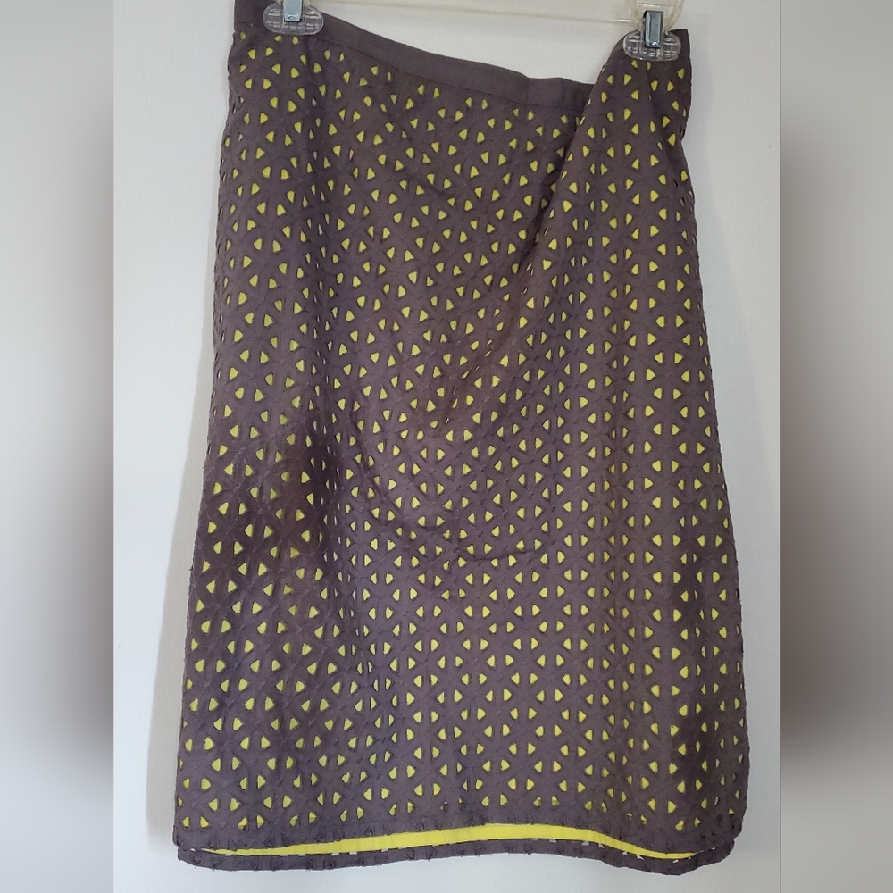 NWOT Charming Boden 100% Cotton A-Line Knee-Length Cutwork Skirt Grey/Yellow, 16